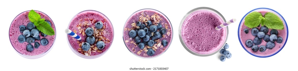 Set with delicious blueberry smoothies on white background, top view. Banner design - Powered by Shutterstock