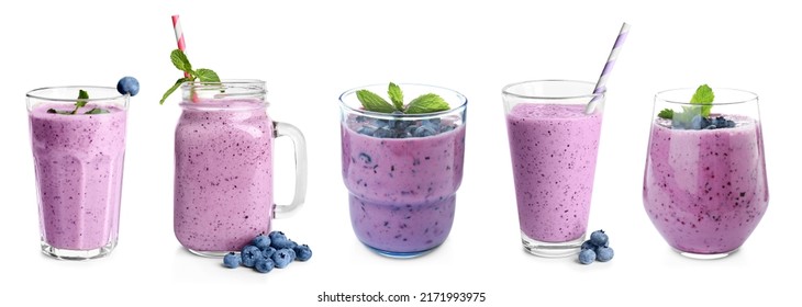 Set with delicious blueberry smoothies on white background. Banner design