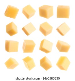 Set Of Delicious Cheese Cubes On White Background