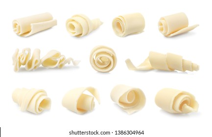 Set of delicious chocolate curls on white background - Shutterstock ID 1386304964
