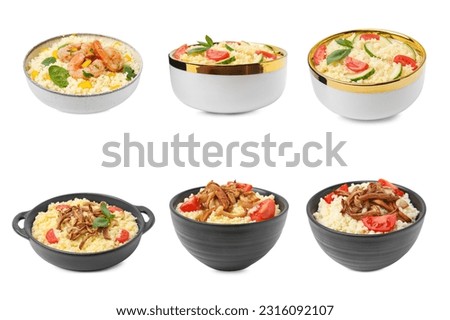 Set of delicious couscous dishes on white background
