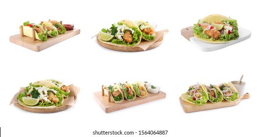 Set Of Delicious Fresh Fish Tacos On White Background