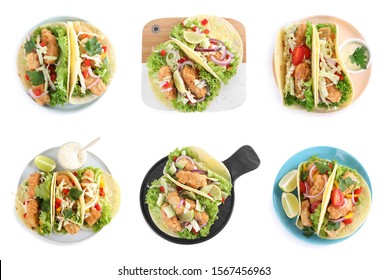 Set Of Delicious Fresh Fish Tacos On White Background, Top View