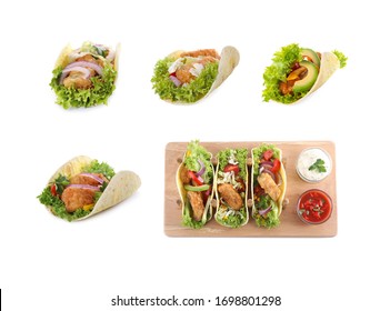 Set Of Delicious Fresh Fish Tacos On White Background