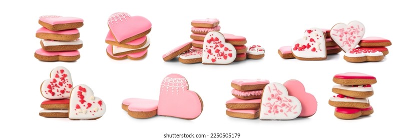 Set of delicious heart-shaped cookies for Valentine's Day on white background - Powered by Shutterstock