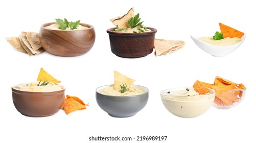 Set With Delicious Hummus With Pita Chips On White Background