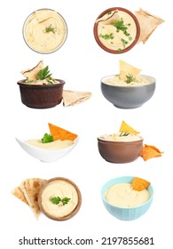 Set With Delicious Hummus With Pita Chips On White Background