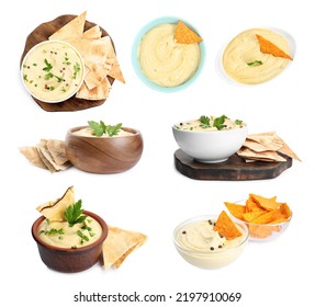 Set With Delicious Hummus With Pita Chips On White Background