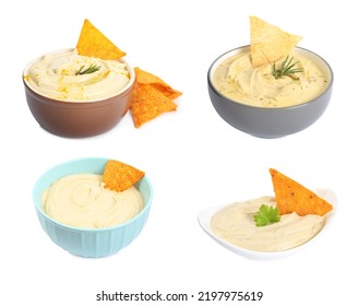 Set With Delicious Hummus With Pita Chips On White Background