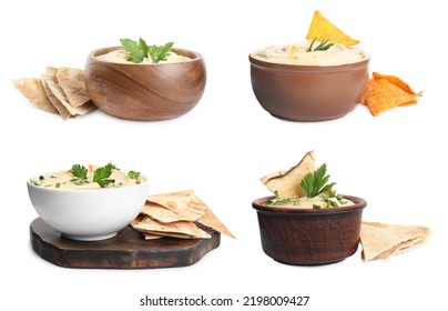 Set With Delicious Hummus With Pita Chips On White Background