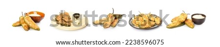 Set of delicious jalapeno poppers on white background