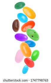 Set Of Delicious Jelly Beans Falling On White Background