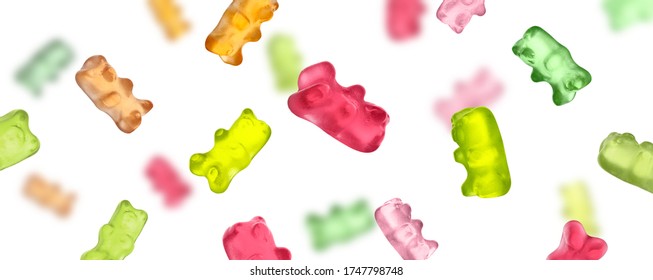 Set of delicious jelly bears falling on white background, banner design 