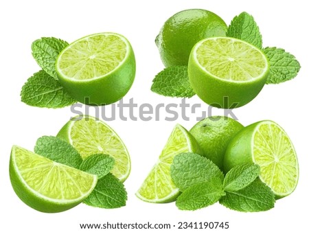Set of delicious limes with mint leaves, isolated on white background