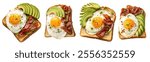 A set of delicious scrambled egg, avocado, and bacon sandwiches on a white background, top view. The concept of tasty and healthy food.