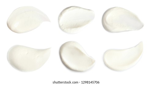 Set Of Delicious Sour Cream On White Background, Top View