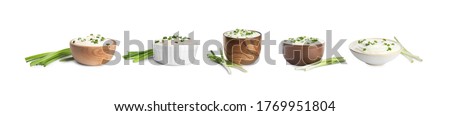 Set of delicious sour cream with onion in bowls on white background. Banner design