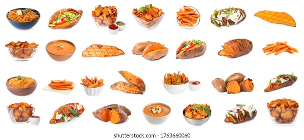 Set of delicious sweet potatoes dishes on white background. Banner design