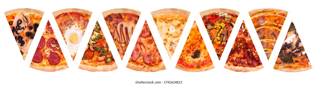 Set of delicious traditional pizza slices isolated on white background, top view. Tasty fresh italian pizza, food delivery