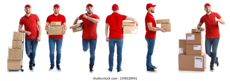 Set Of Delivery Man With Boxes On White Background