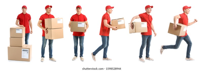 Set Of Delivery Man With Boxes On White Background