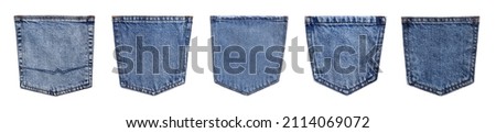 Set with denim pockets on white background background. Banner design