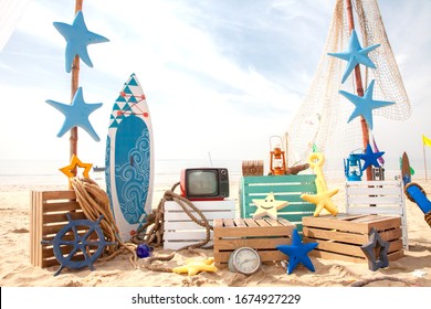 Set Design On Beach For Summer Surf Fishing Photobooth