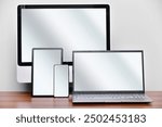 Set of devices desktop computer display, laptop, tablet and smartphone mockup template