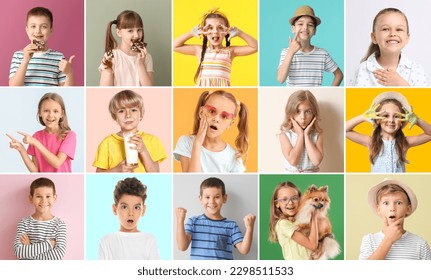 Set of different adorable children on color background