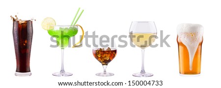 Set of different alcoholic drinks and cocktails - soda,cocktail,whiskey,wine,beer