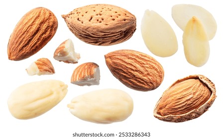 Set of different almond nuts isolated on white background. File contains clipping path.