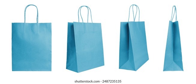 Set of different angles blank blue craft paper bags isolated on white, background. Eco friendly shopping bag made from recycled paper, ecology, recycling concept. Mockup, template, copy space - Powered by Shutterstock