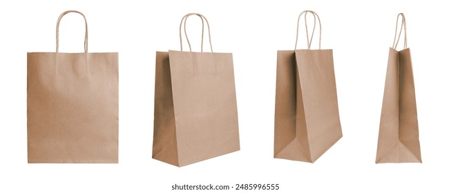 Set of different angles blank brown craft paper bags isolated on white, background. Eco friendly shopping bag made from recycled paper, ecology, recycling concept. Mockup, template, copy space