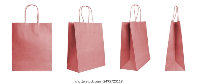 Set of different angles blank red craft paper bags isolated on white, background. Eco friendly shopping bag made from recycled paper, ecology, recycling concept. Mockup, template, copy space