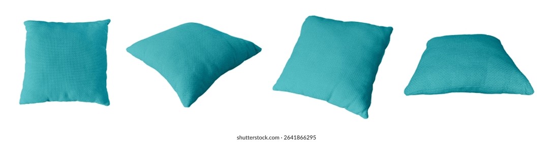 set of different angles of blue cushion or pillow for interior decoration isolated on background with clipping path, cyan pillowcase mockup, template for design. soft fluffy blue rectangular pillow.