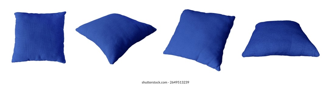 set of different angles of blue cushion or pillow for interior decoration isolated on background with clipping path, pillowcase mockup, template for design. soft fluffy blue rectangular pillow.