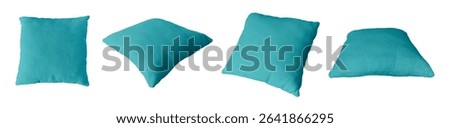 set of different angles of blue cushion or pillow for interior decoration isolated on background with clipping path, cyan pillowcase mockup, template for design. soft fluffy blue rectangular pillow.