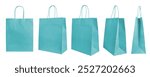 Set of different angles, various perspectives blank turquoise craft paper bags isolated on white background. Eco friendly shopping bag made from recycled paper, recycling concept. Mockup, template