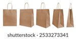 Set of different angles, various perspectives blank brown craft paper bags isolated on white background. Eco friendly shopping bag made from recycled paper, recycling concept. Mockup, template