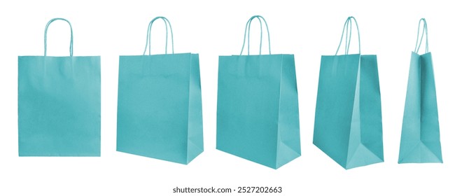 Set of different angles, various perspectives blank turquoise craft paper bags isolated on white background. Eco friendly shopping bag made from recycled paper, recycling concept. Mockup, template