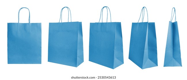 Set of different angles, various perspectives blank blue craft paper bags isolated on white background. Eco friendly shopping bag made from recycled paper, recycling concept. Mockup, template