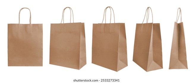 Set of different angles, various perspectives blank brown craft paper bags isolated on white background. Eco friendly shopping bag made from recycled paper, recycling concept. Mockup, template