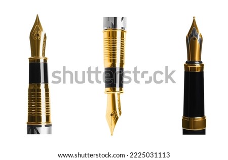 Set with different beautiful fountain pens on white background