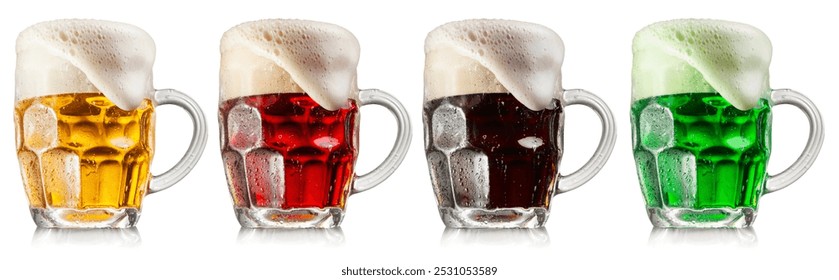 Set of different beer styles in four mugs with large foam head  isolated on white background. Clipping paths. - Powered by Shutterstock