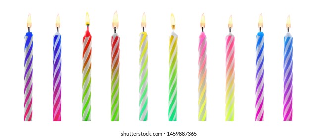 Set with different birthday candles on white background. Banner design 