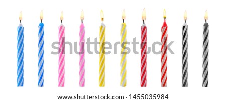 Set with different birthday candles on white background. Banner design 