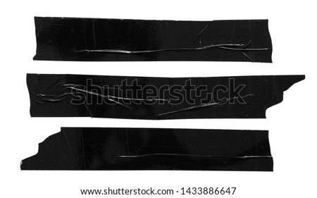 Set of different black scotch sticky tapes isolated on white background. Torn wrinkled sellotape pieces collection.
