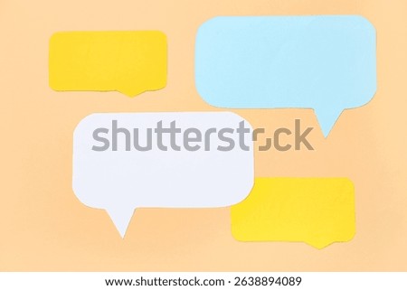 Set of different blank paper speech bubbles on color background