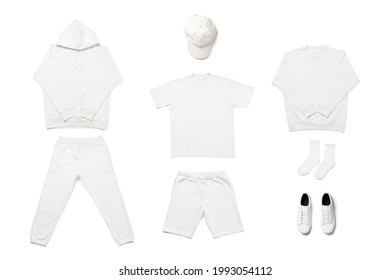 Set of different blank white clothes for design isolated on white background
