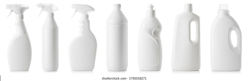 Set of different bottles of cleaning products in a row isolated on white background - Shutterstock ID 1750318271